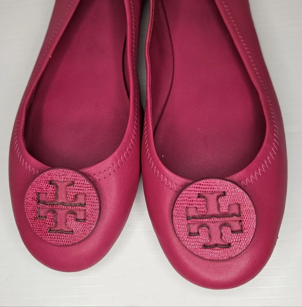 Tory Burch Minnie Flats Size 10.5 Dark Azalea Hot Pink Leather Logo Designer - Picture 5 of 9